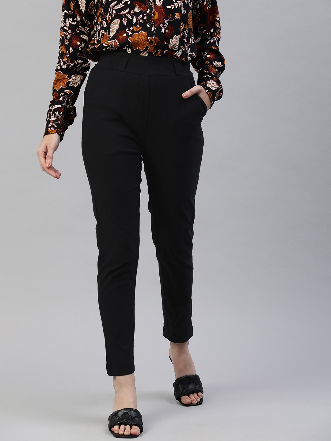 

ADBUCKS Women Black Slim Fit High-Rise Peg Trousers