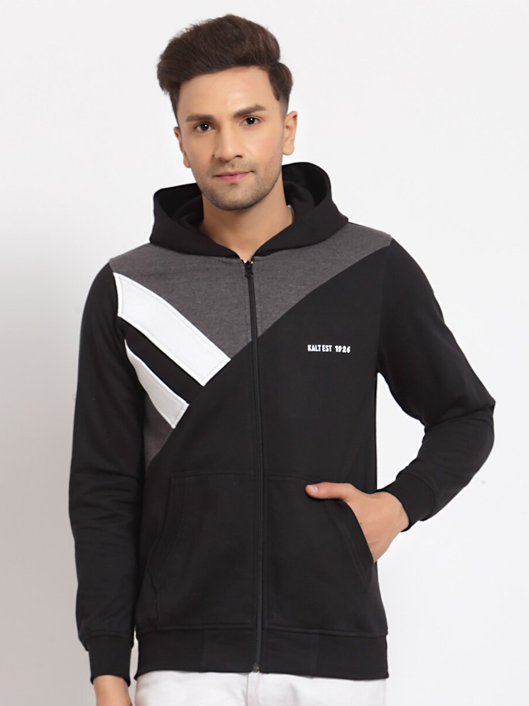 

Kalt Men Black Striped Colour Block Hoodie Sweatshirt
