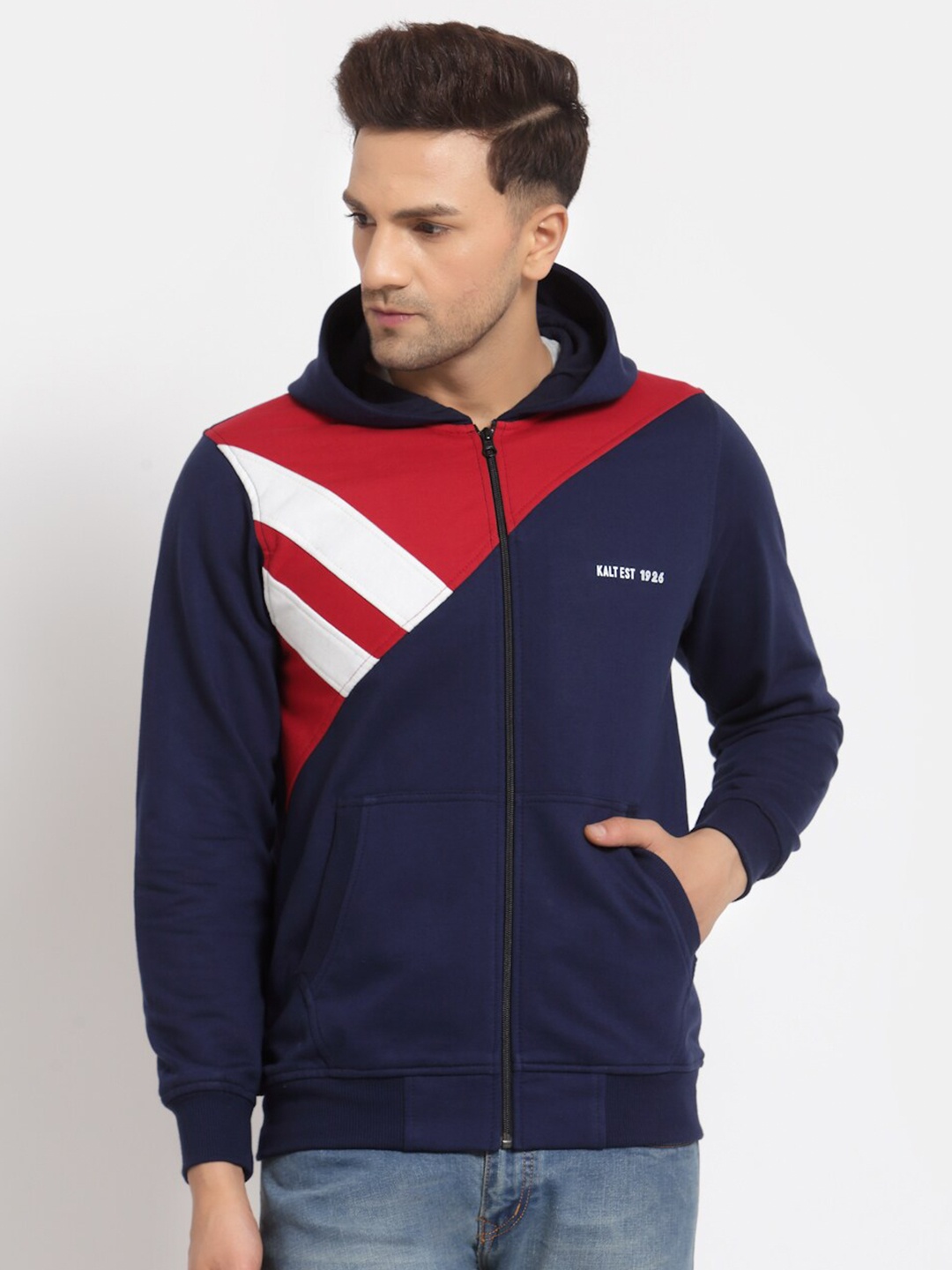 

Kalt Men's Full Sleeves Zipper Fleece Colourblocked Hoodie, Navy blue