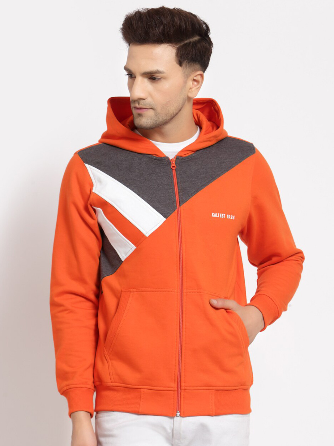 

Kalt Plus Size Men Orange Colourblocked Sweatshirt