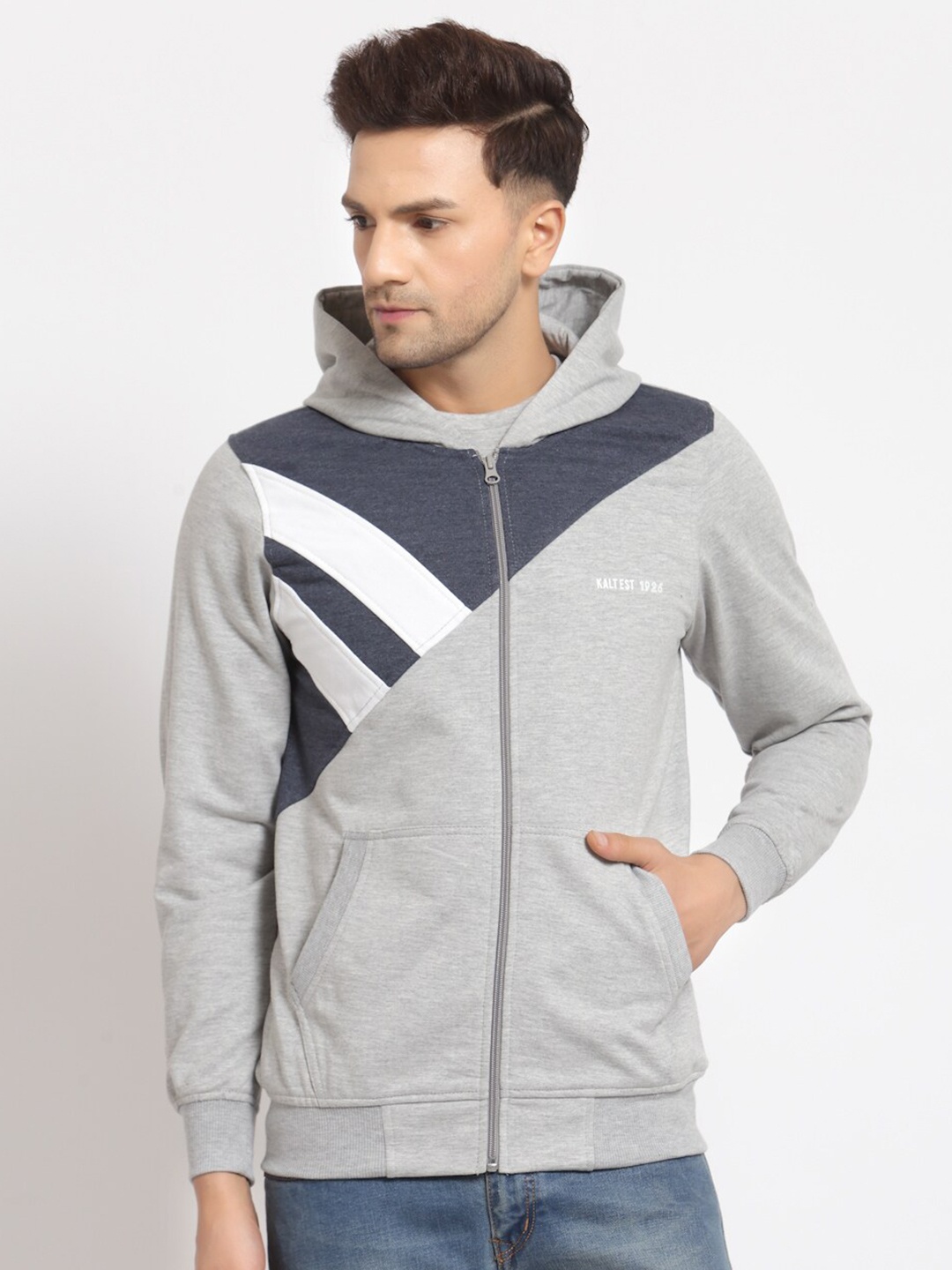 

Kalt Men's Grey Full Sleeves Zipper Fleece Colourblocked Hoodie