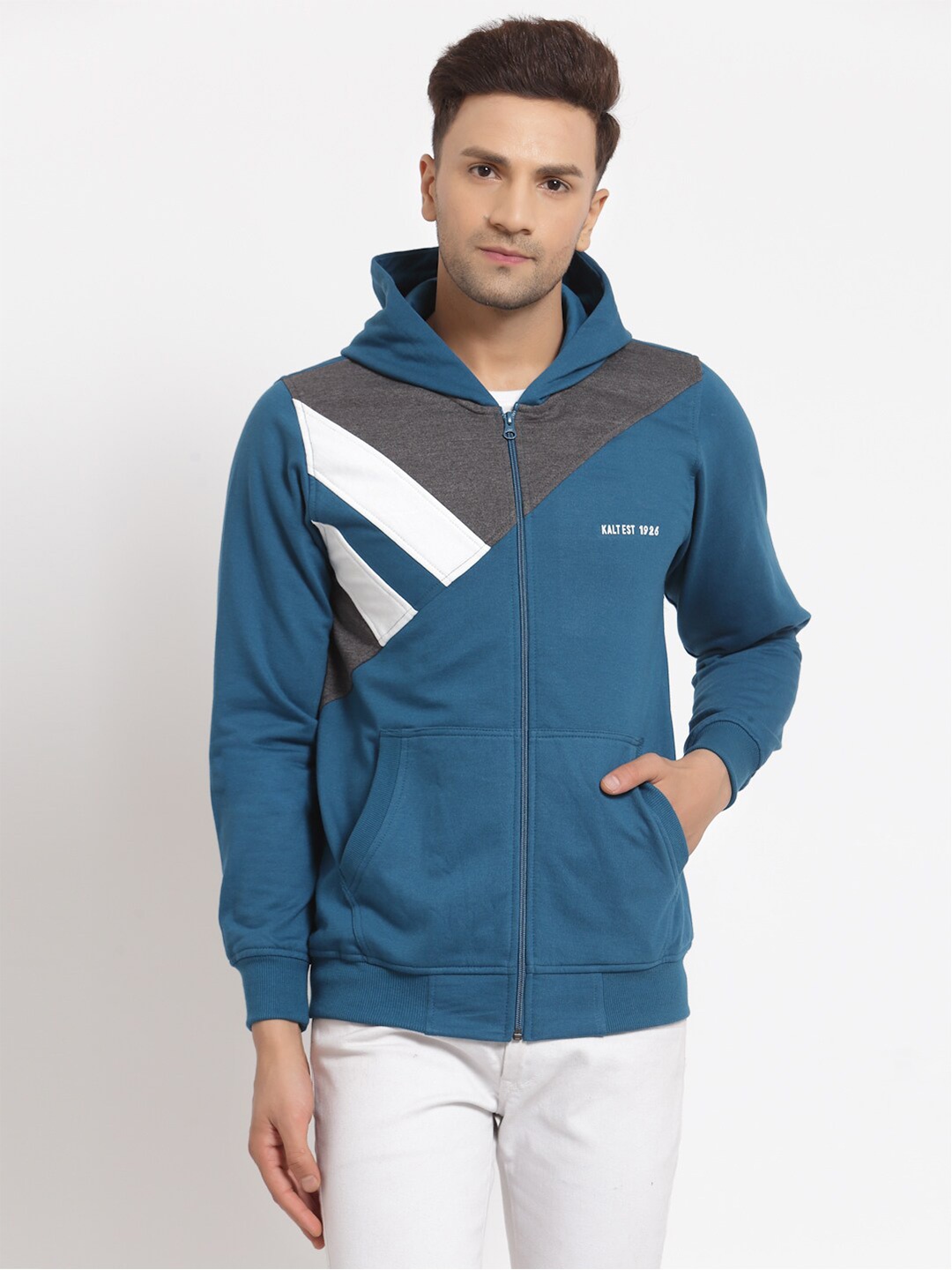 

Kalt Men Teal Colourblocked Hooded Sweatshirt
