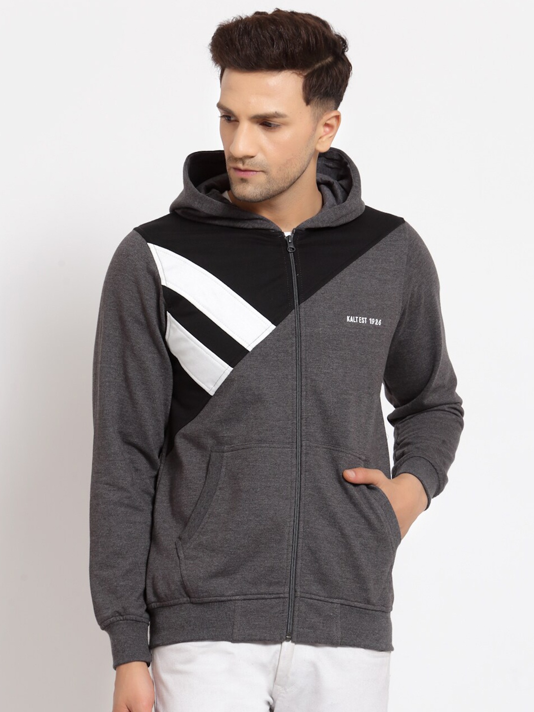 

Kalt Men Full Sleeves Zipper Fleece Colour Block Hoodie Grey Hoodie
