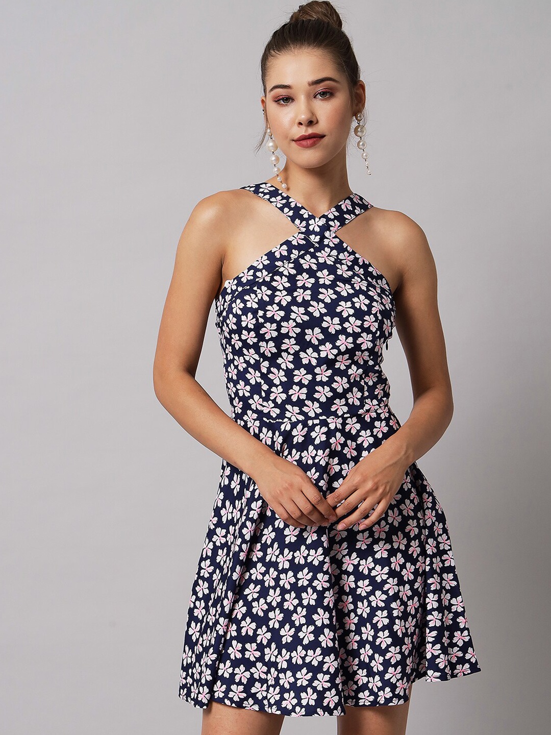 

Emeros Navy Blue Floral Crepe Dress