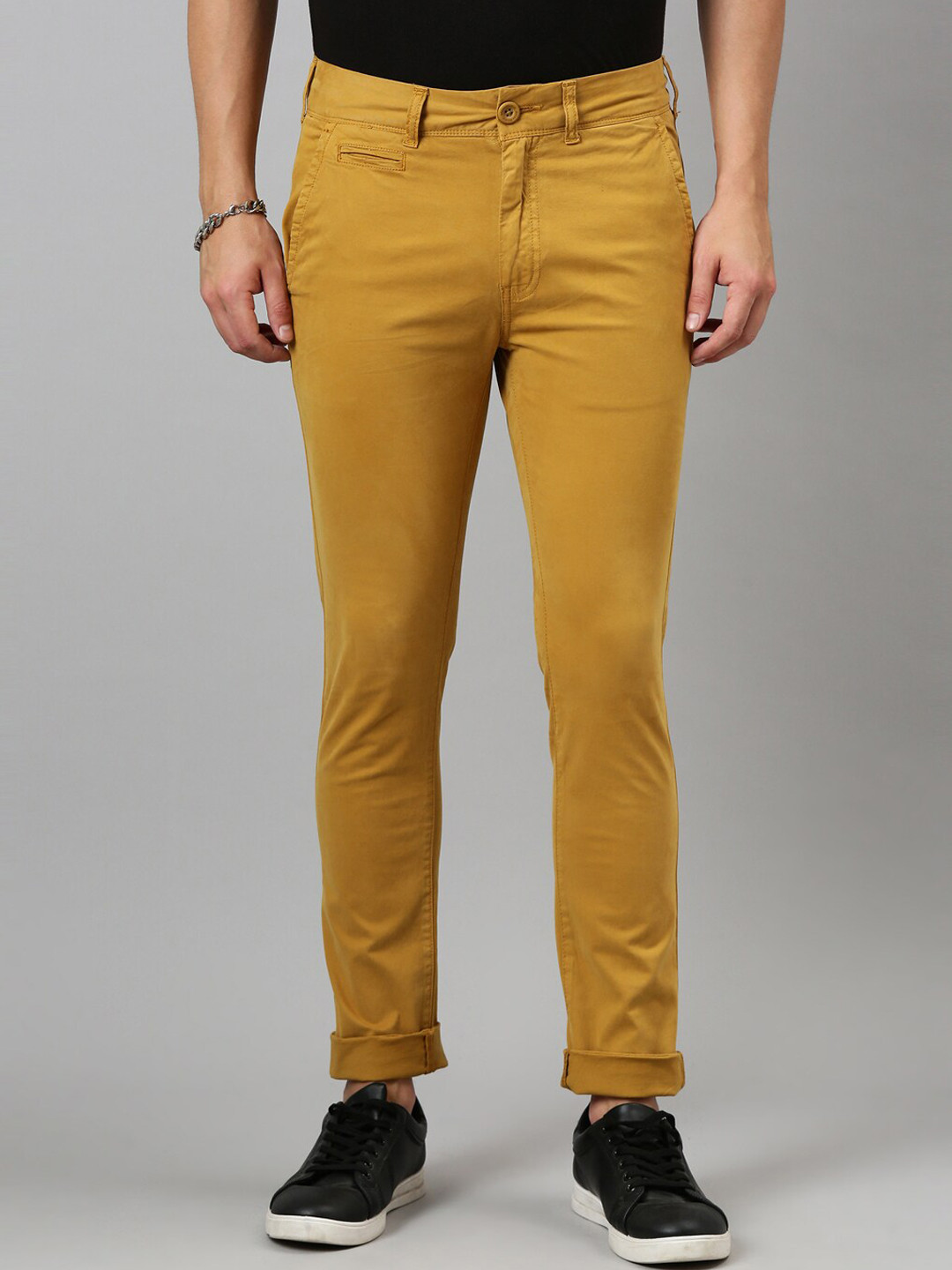 

Breakbounce Men Mustard Yellow Skinny Fit Low-Rise Chinos Trousers