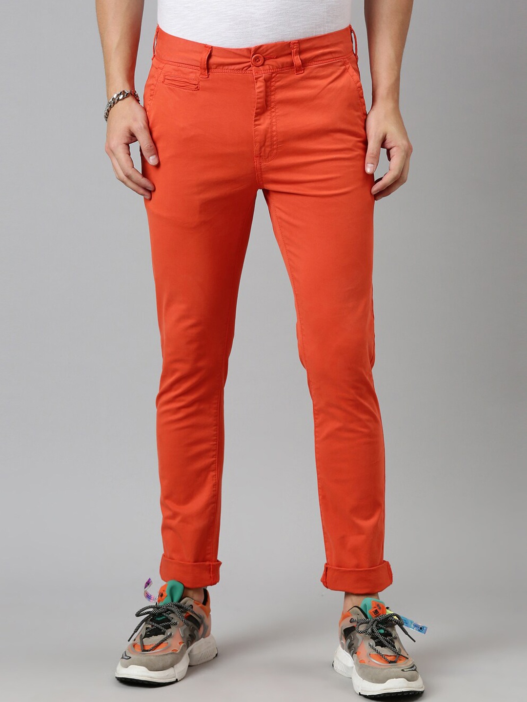 

Breakbounce Men Orange Skinny Fit Low-Rise Chinos Trousers