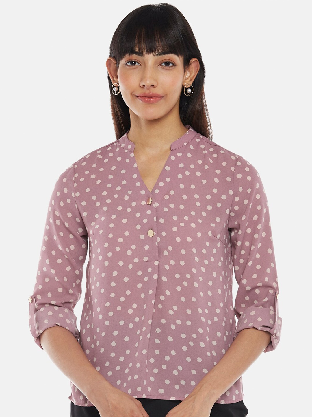 

Annabelle by Pantaloons Pink Print Mandarin Collar Roll-Up Sleeves Top