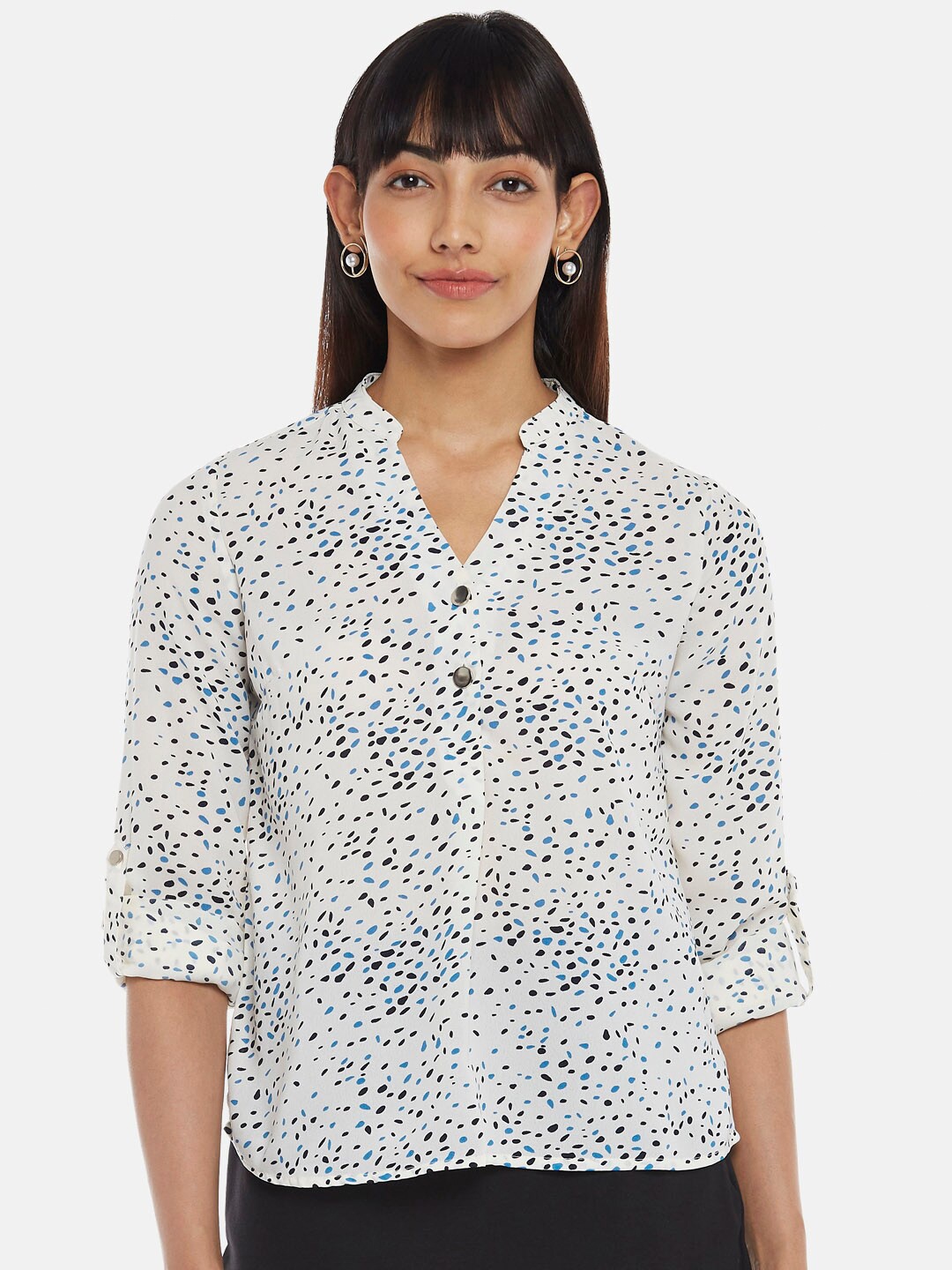 

Annabelle by Pantaloons White Print Mandarin Collar Shirt Style Top