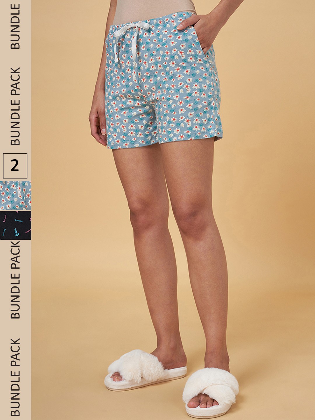 

Dreamz by Pantaloons Set of 2 Blue & Black Women Printed Lounge shorts