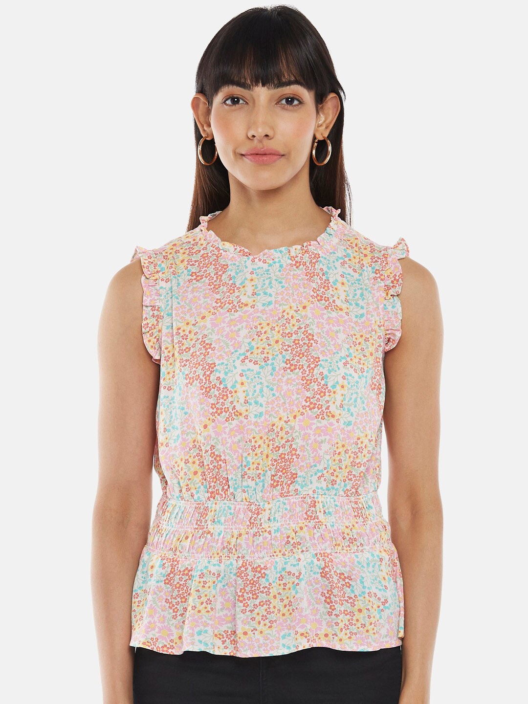 

Honey by Pantaloons Pink Floral Print Crepe Peplum Top