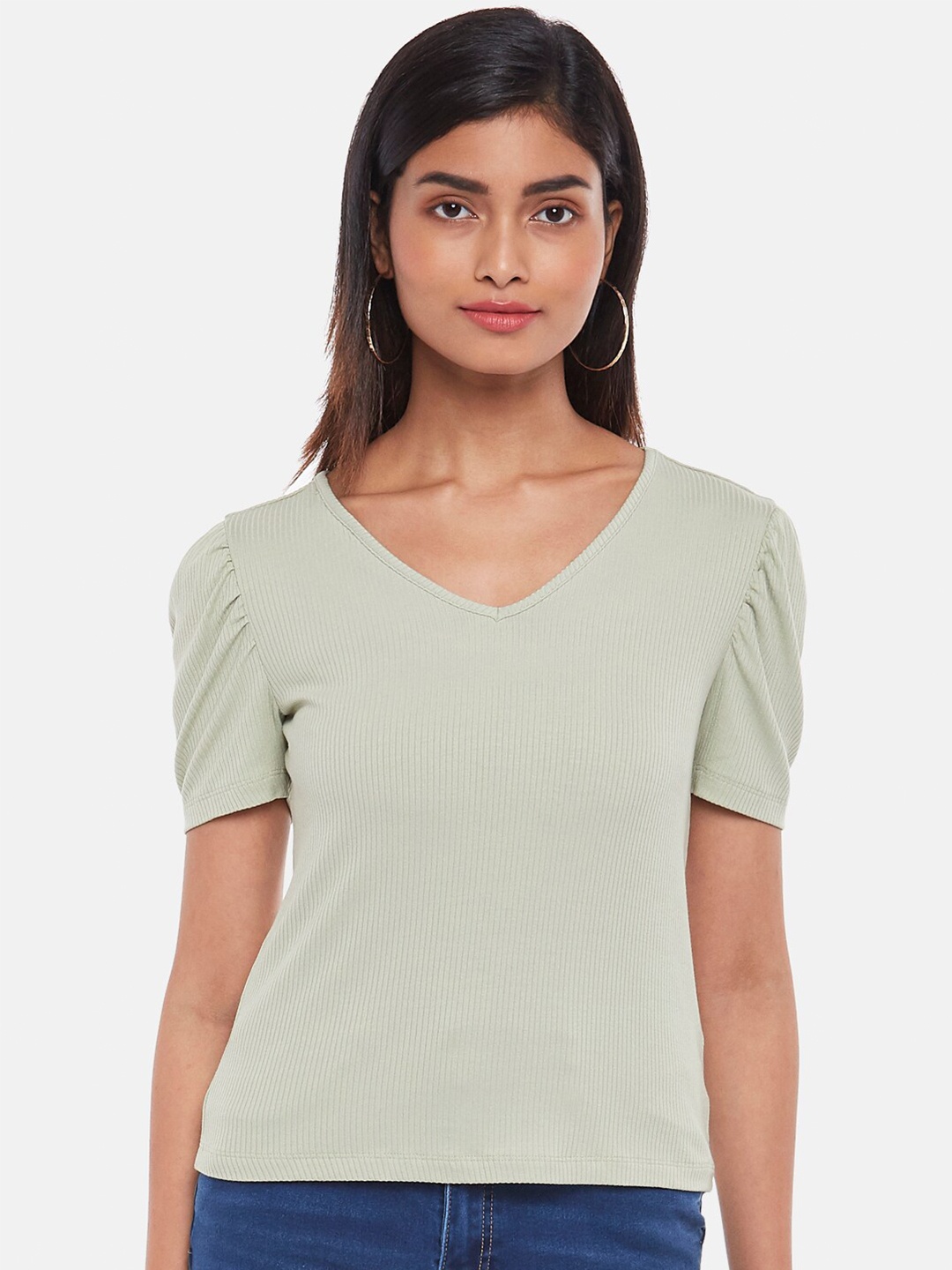 

Honey by Pantaloons Light Olive V Neck Puff Sleeves Top