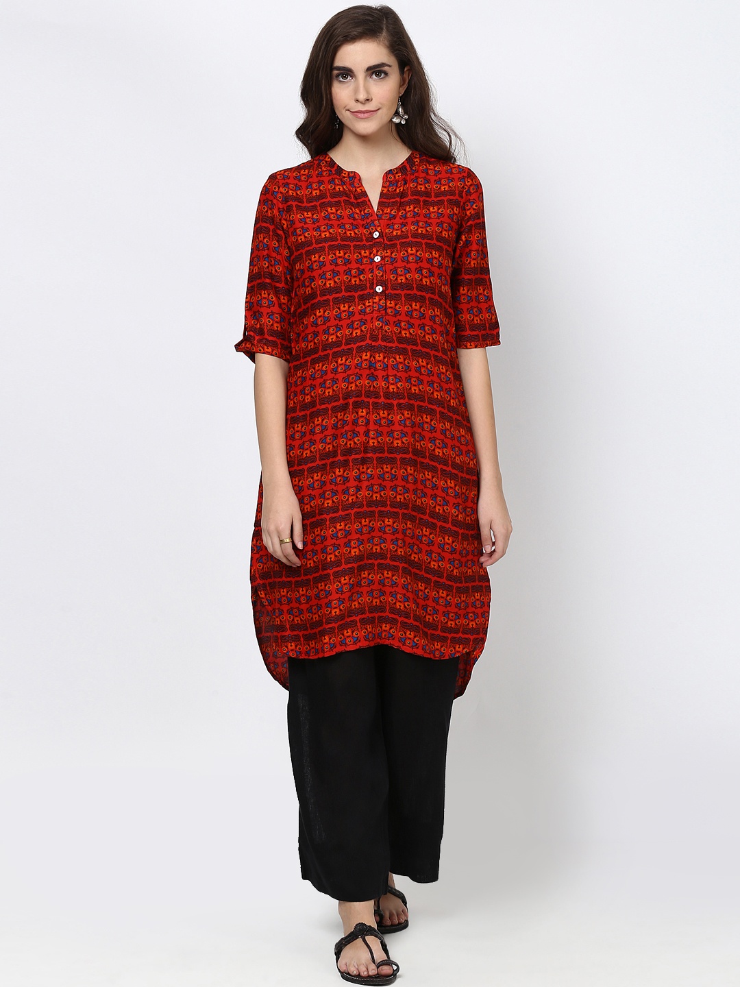 

Global Desi Red & Blue Printed Pathani Kurta