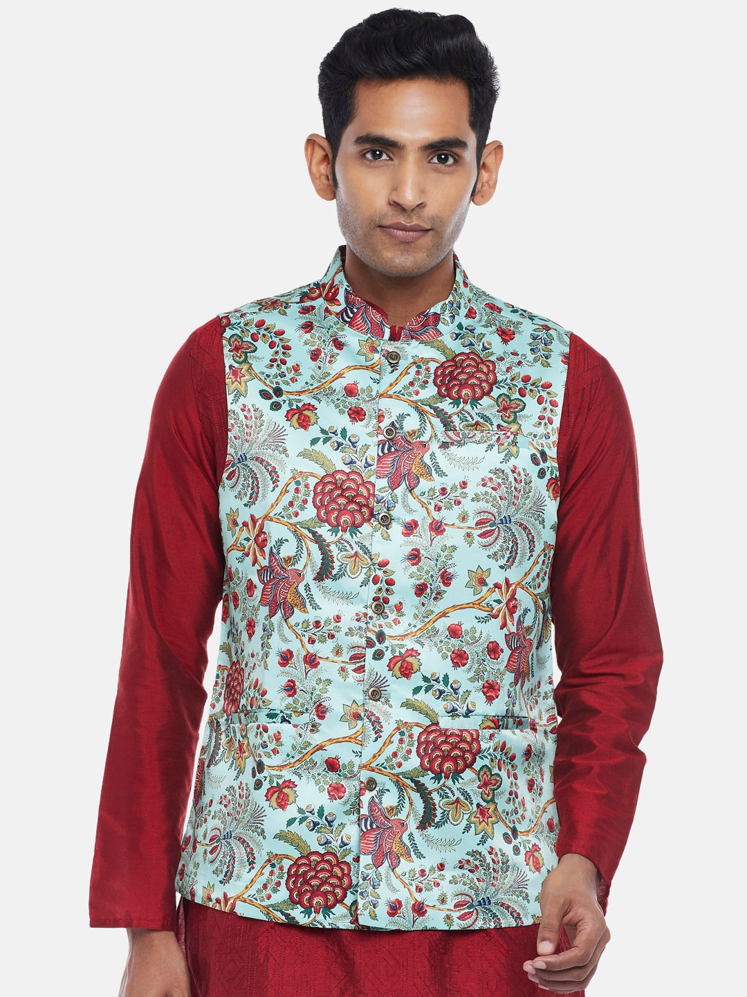 

indus route by Pantaloons Men Green & Red Printed Nehru Jacket