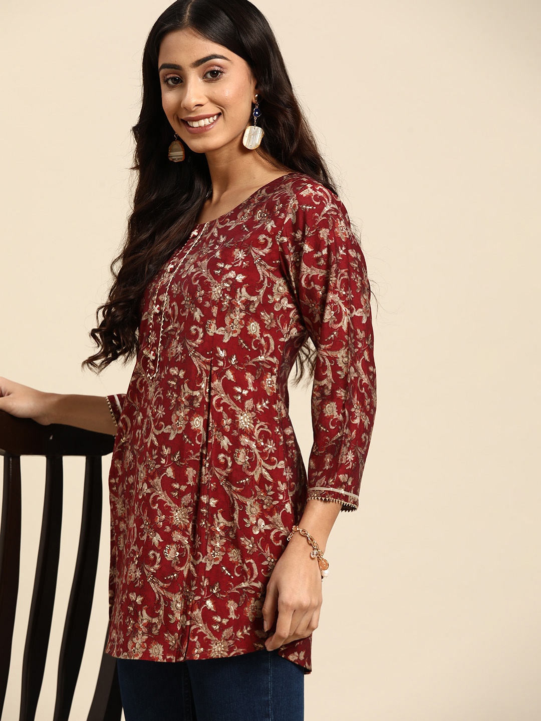 

Sangria Red & Beige Ethnic Motifs Printed Tunic