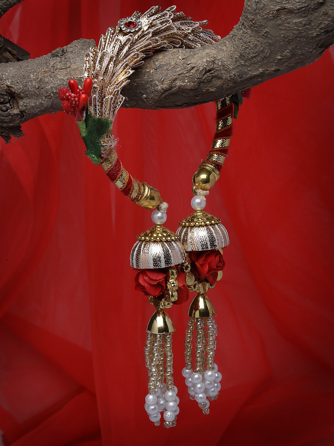 

PANASH Women Gold & Red Pearls Bangle style Lumba Rakhi With Roli Chawal Pack