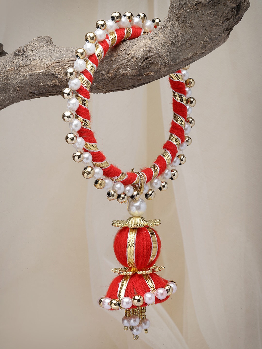 

PANASH Gold Toned & Red Pearls Beaded Bangle Style Lumba Rakhi