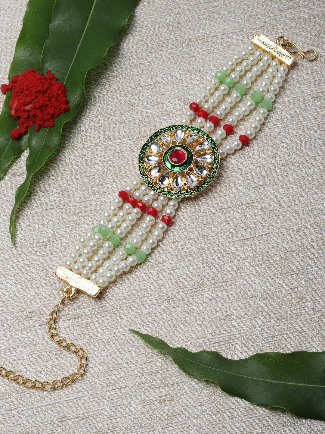 

PANASH Green & Gold-Toned Kundan Beaded Rakhi