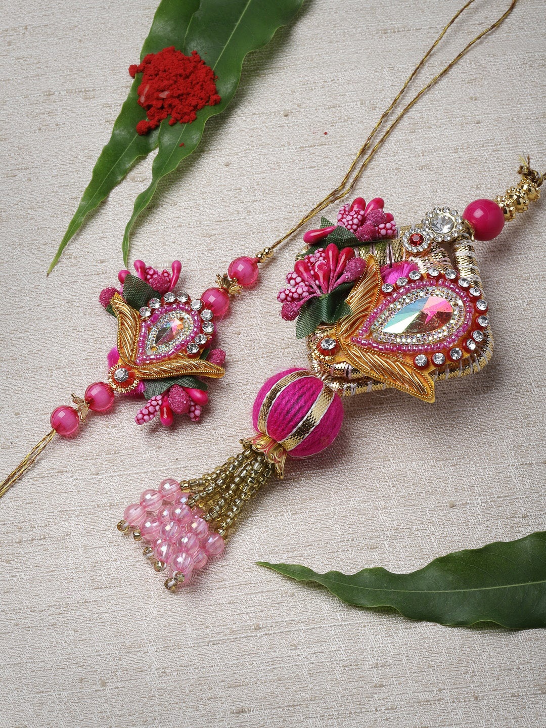 

PANASH Unisex Pink Coloured & White Stone Studded & Beaded Rakhi With Lumba