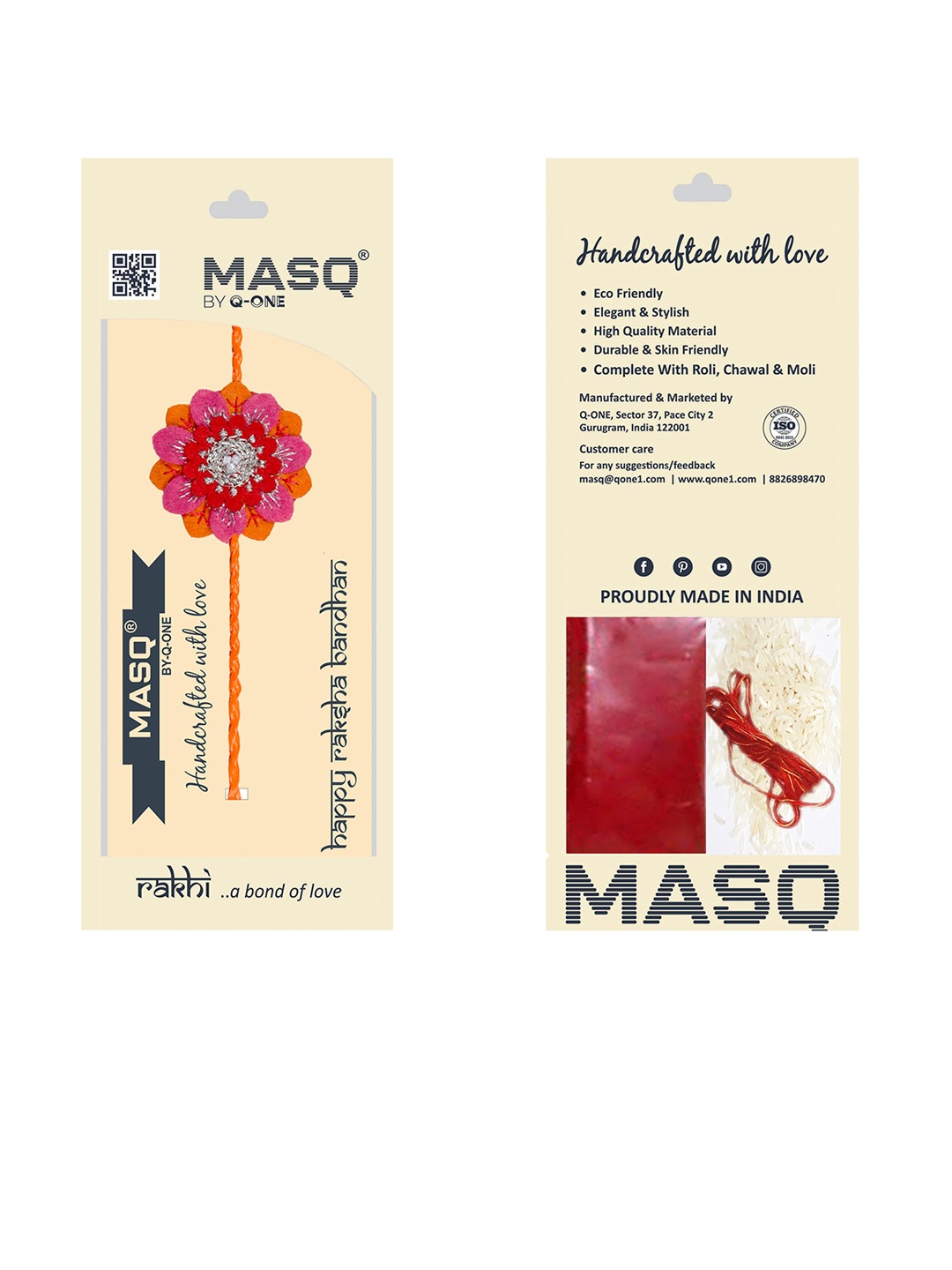 

MASQ Pack Of 5 Pink & Blue Embellished Rakhi With Roli Chawal, Orange