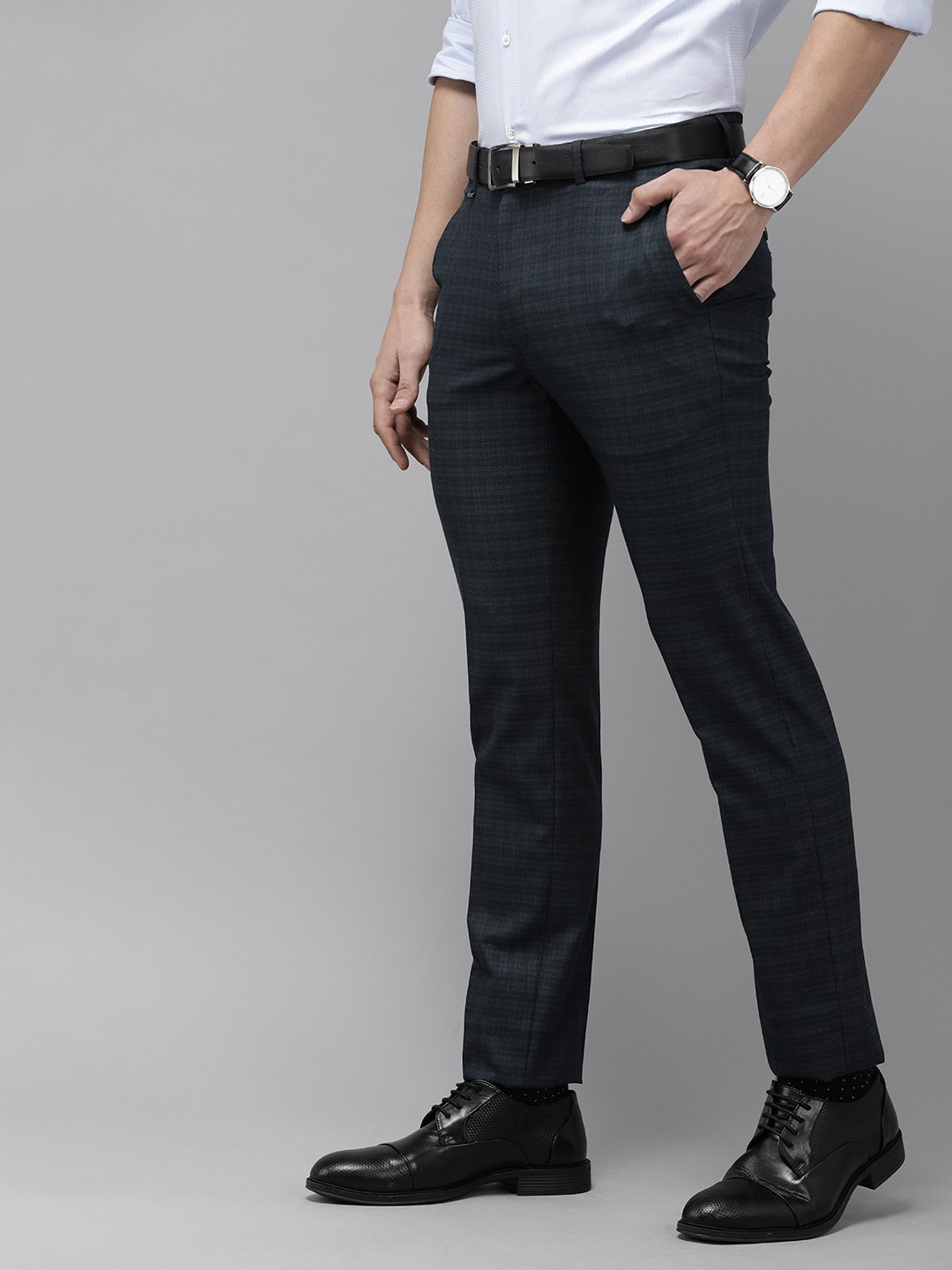 

Van Heusen Men Navy Blue Checked Slim Fit Trousers