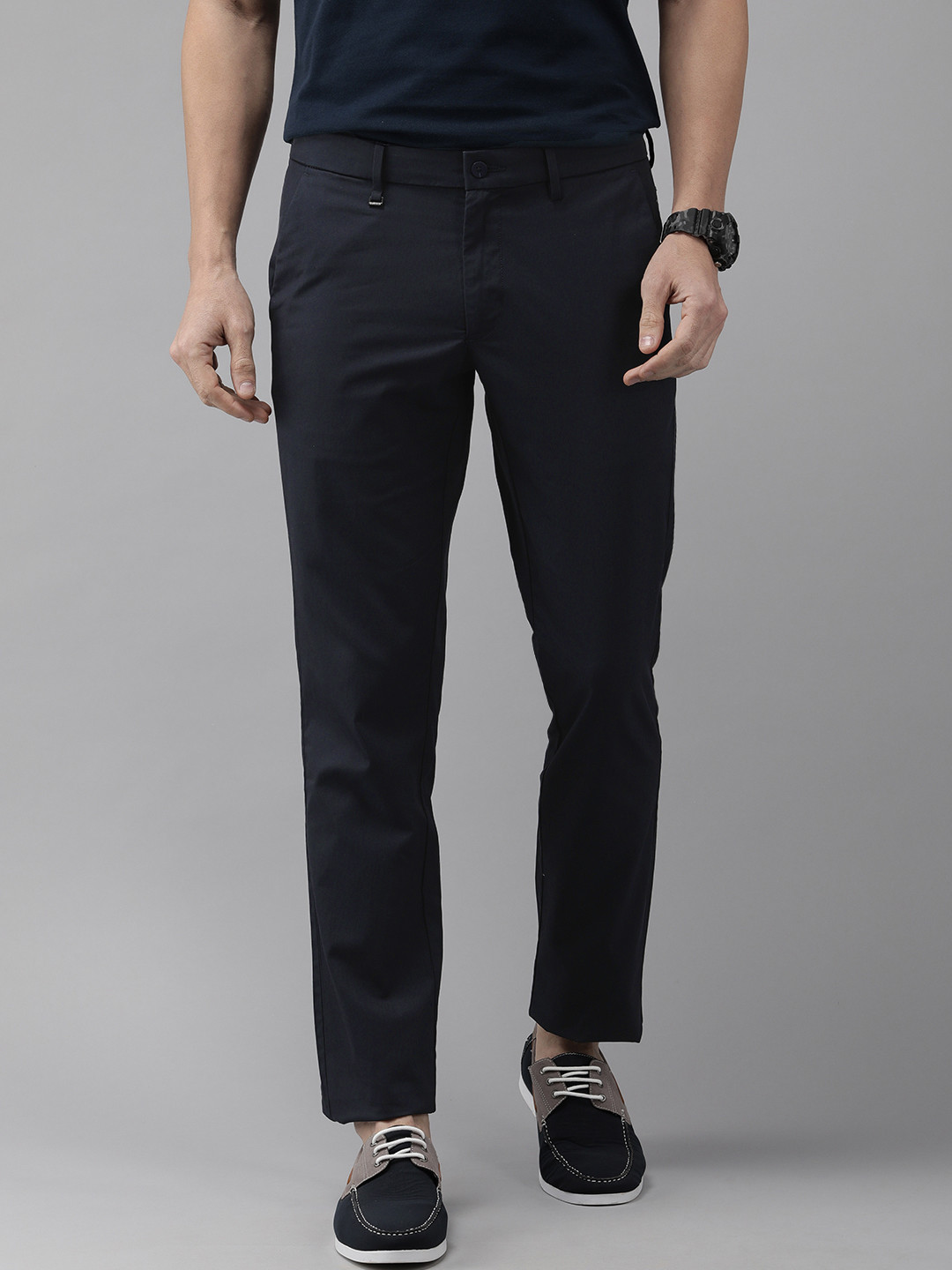 

Van Heusen Men Navy Blue Slim Fit Mid-Rise Regular Trousers