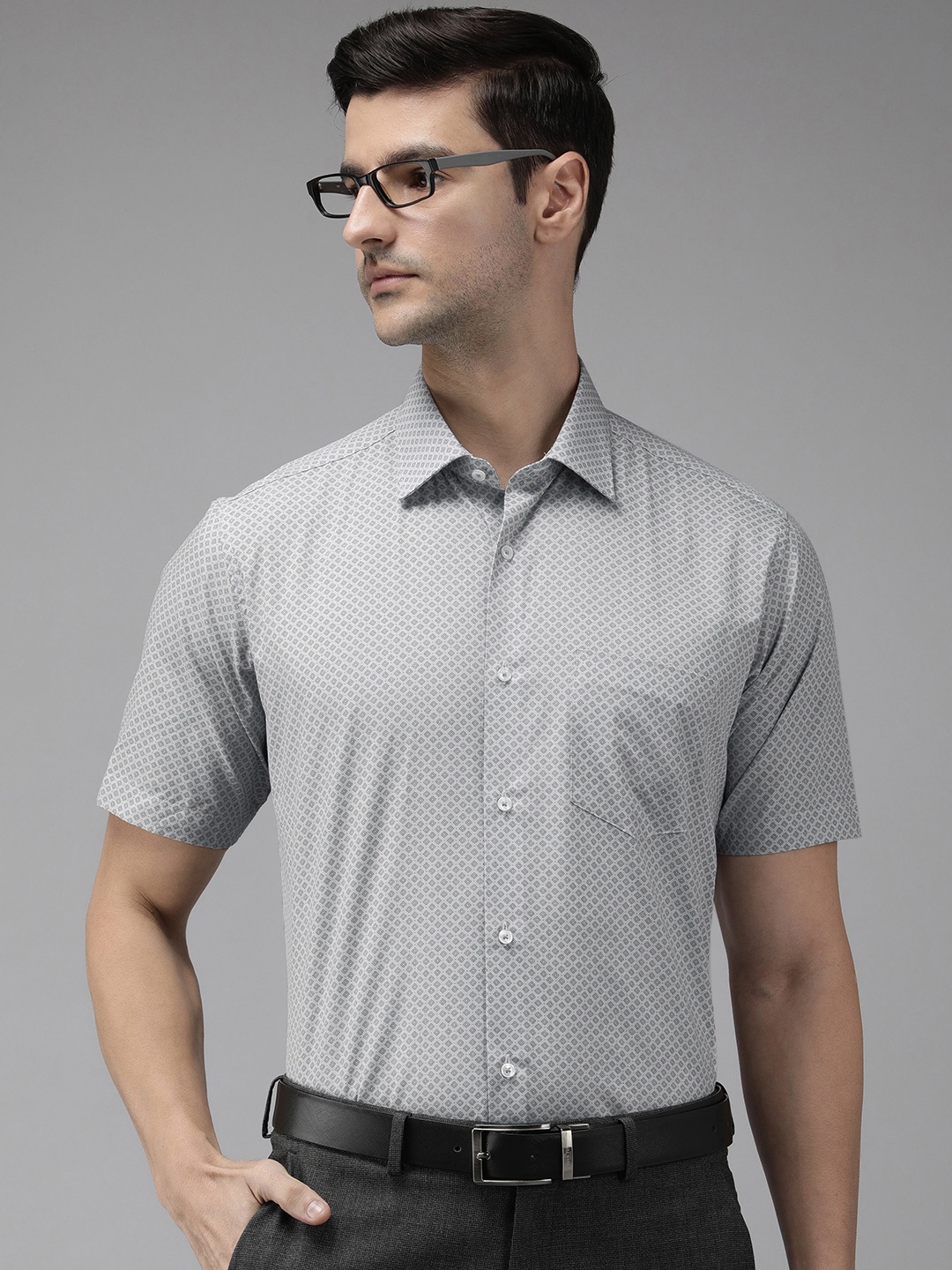 

Van Heusen Men Grey Custom Fit Printed Pure Cotton Formal Shirt