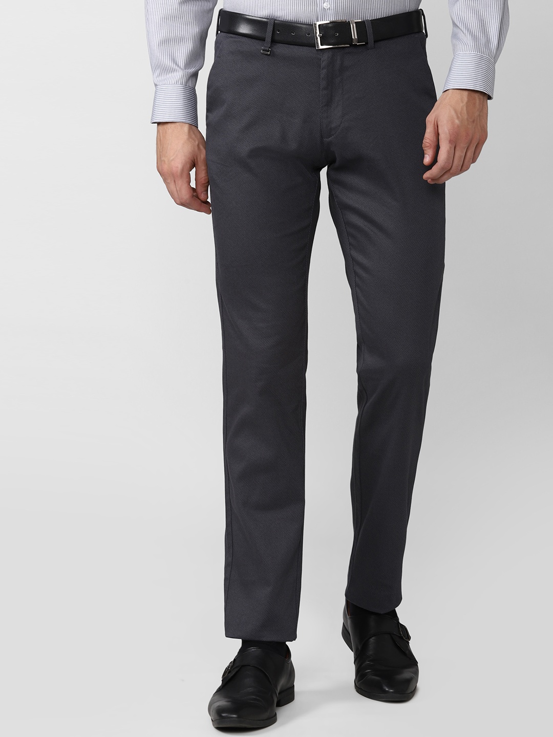 

Van Heusen Men Navy Blue Textured Slim Fit Formal Trousers