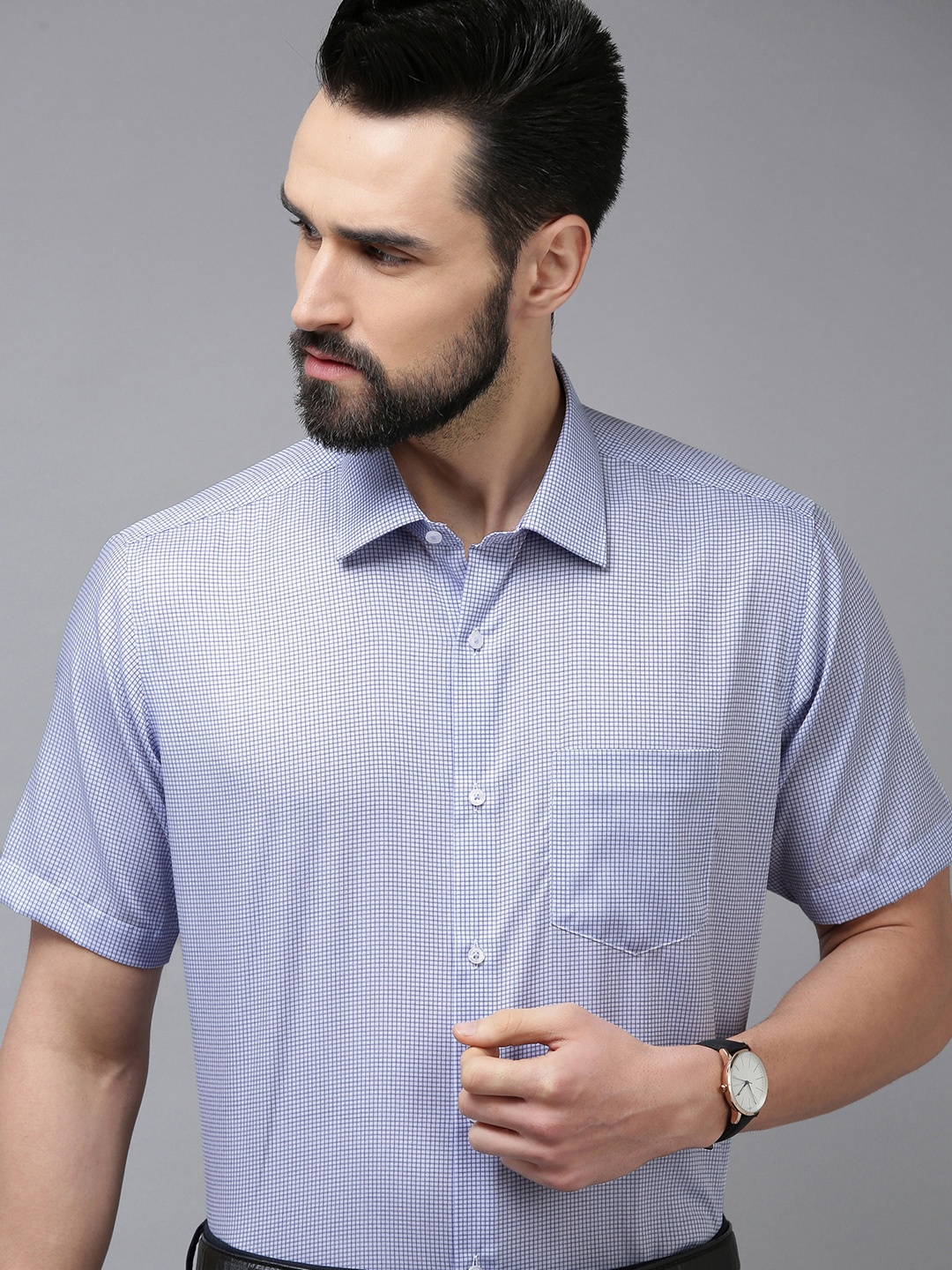 

Van Heusen Men Blue Checked Pure Cotton Custom Fit Formal Shirt