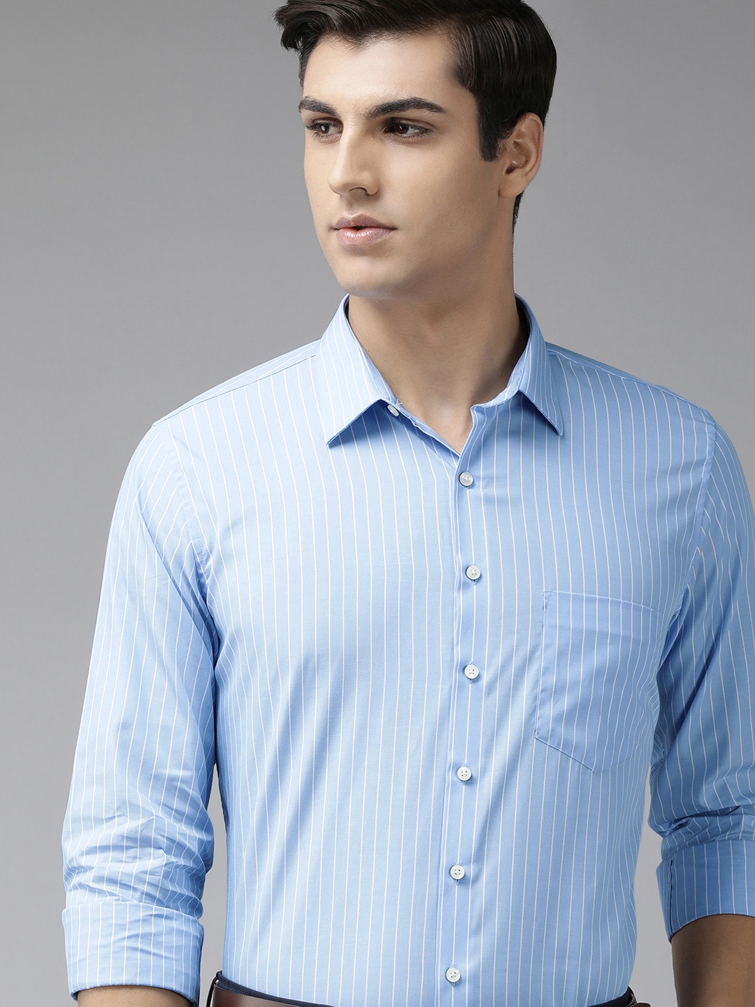 

Van Heusen Men Blue Slim Fit Vertical Stripes Opaque Pure Cotton Formal Shirt