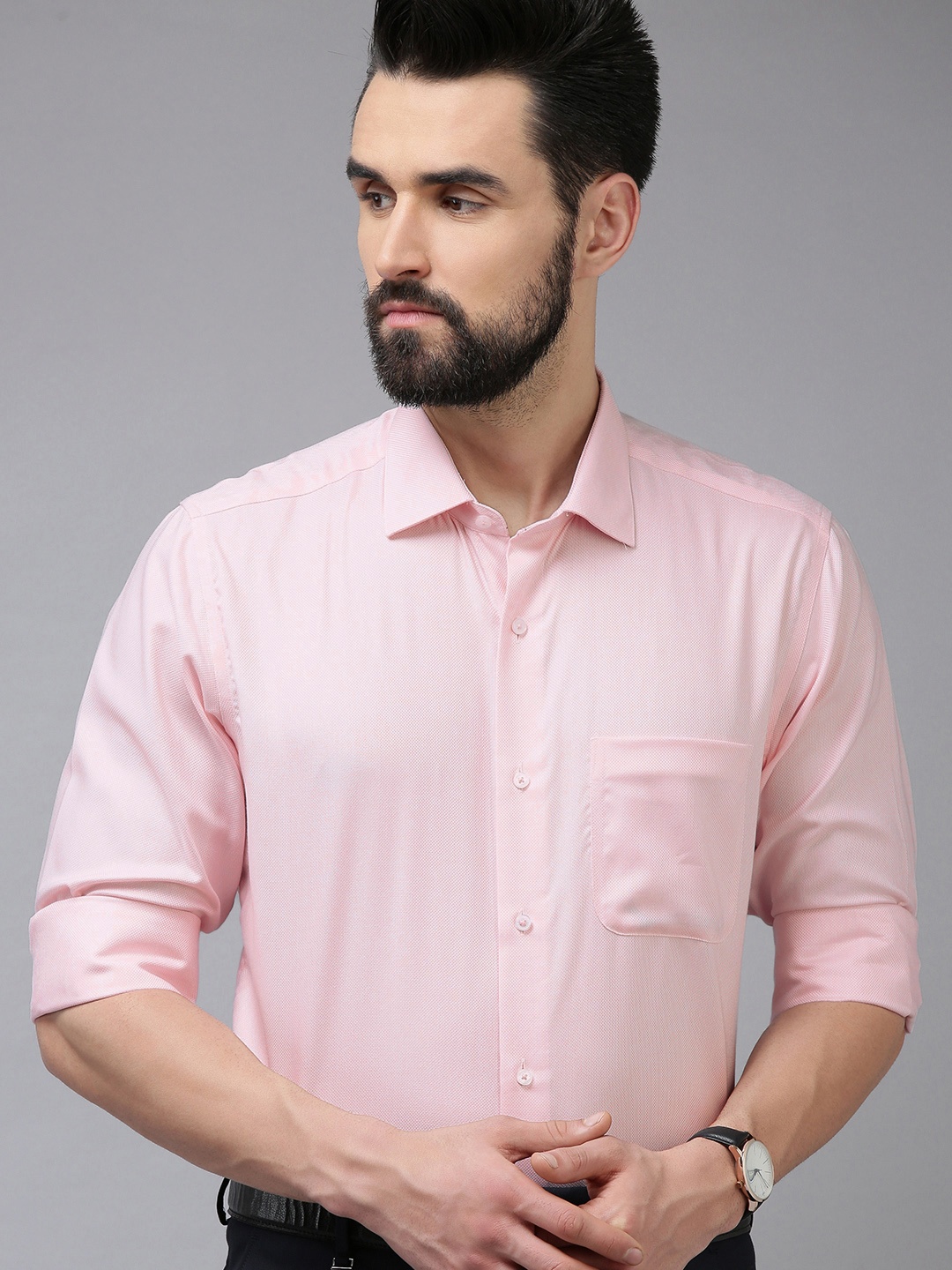 

Van Heusen Men Pink Textured Pure Cotton Custom Fit Formal Shirt