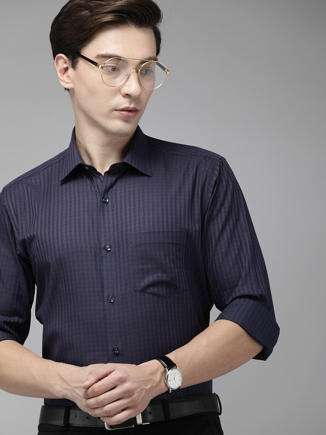 

Van Heusen Men Navy Blue Striped Custom Fit Cotton Formal Shirt