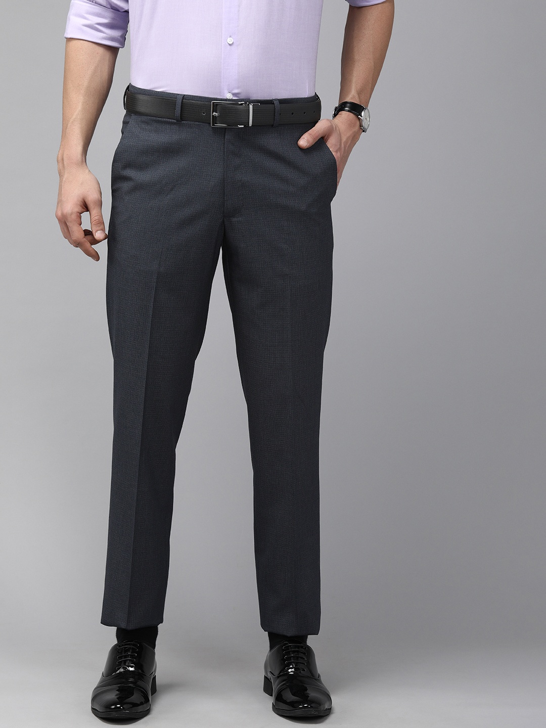 

Van Heusen Men Navy Blue Textured Slim Fit Formal Trousers