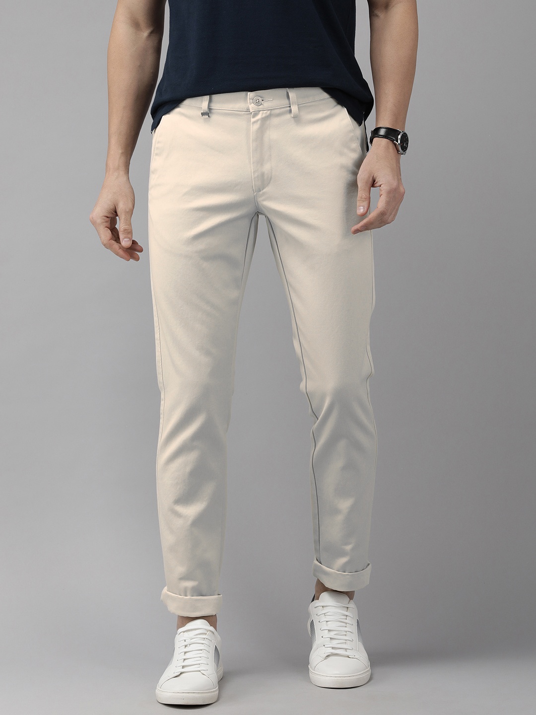 

Van Heusen Men Cream-Coloured Slim Fit Mid-Rise Chinos
