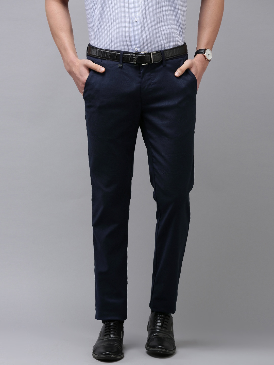 

Van Heusen Men Navy Blue Textured Slim Fit Trousers
