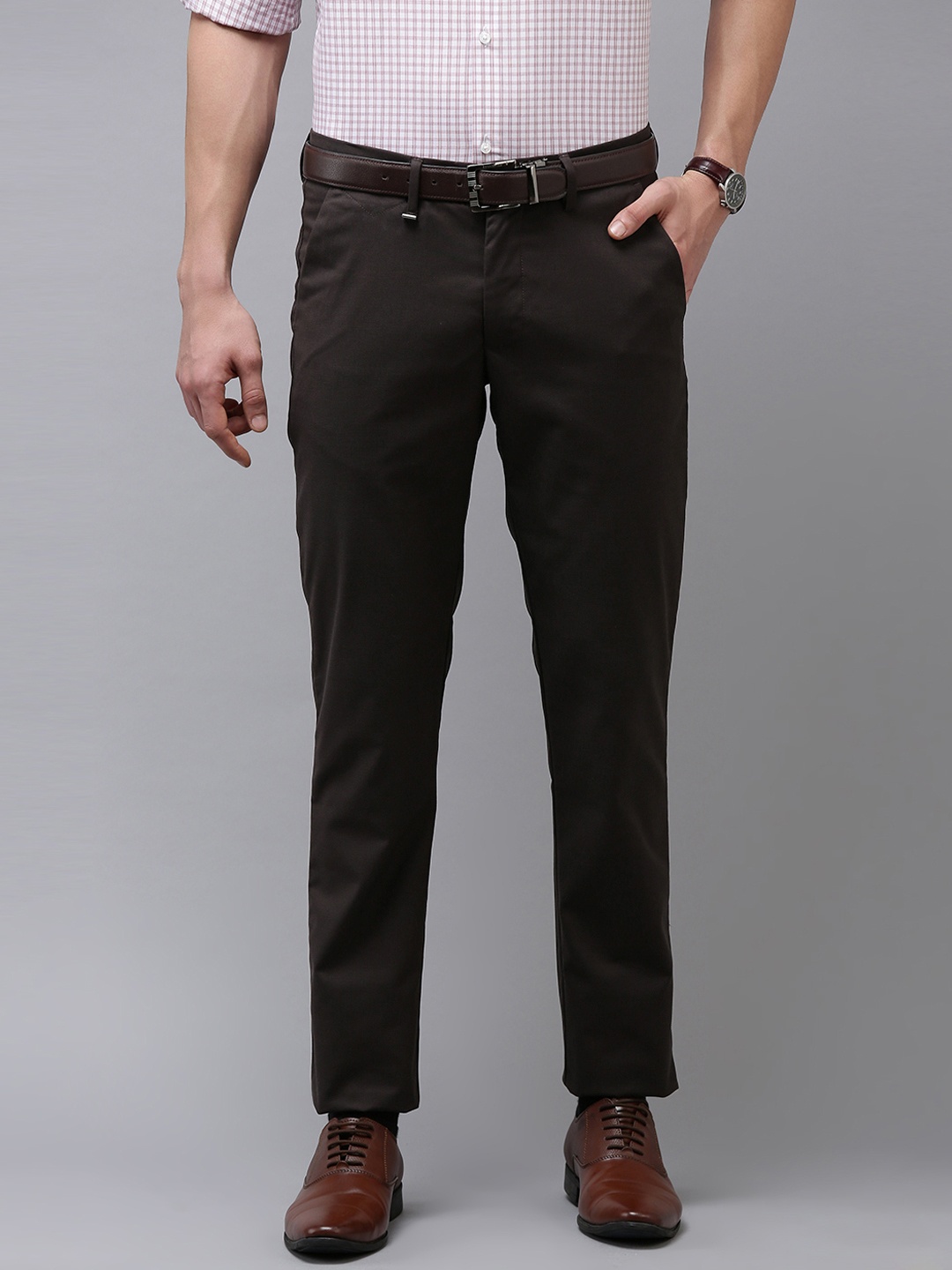 

Van Heusen Men Brown Textured Slim Fit Trousers