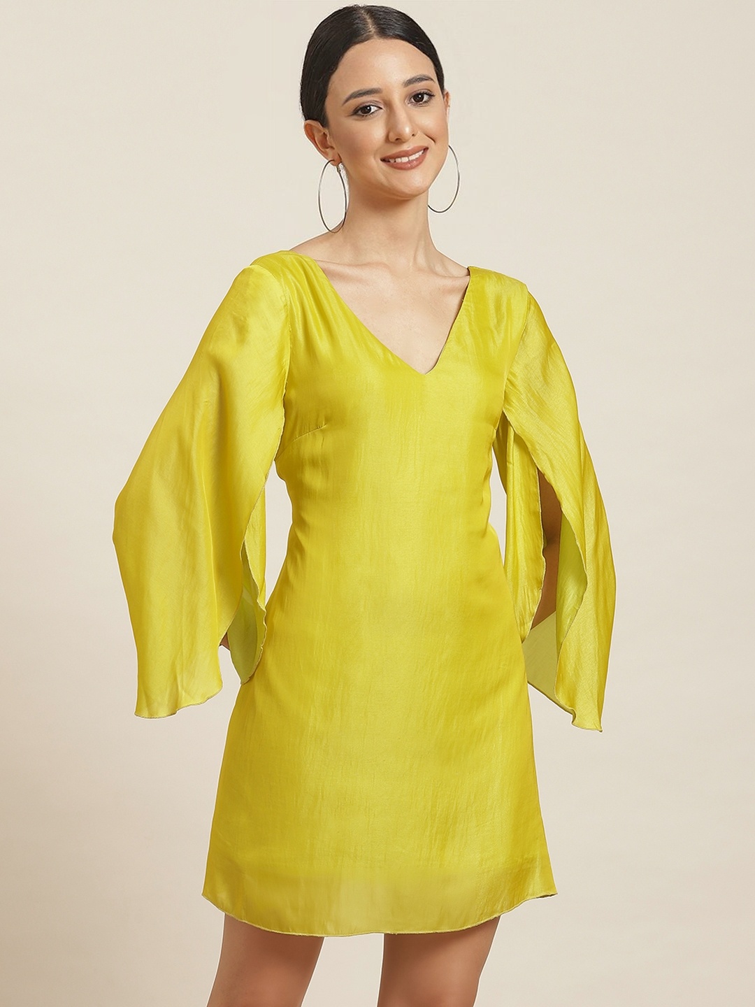 

Qurvii Lime Green Solid Styled Back A-Line Dress