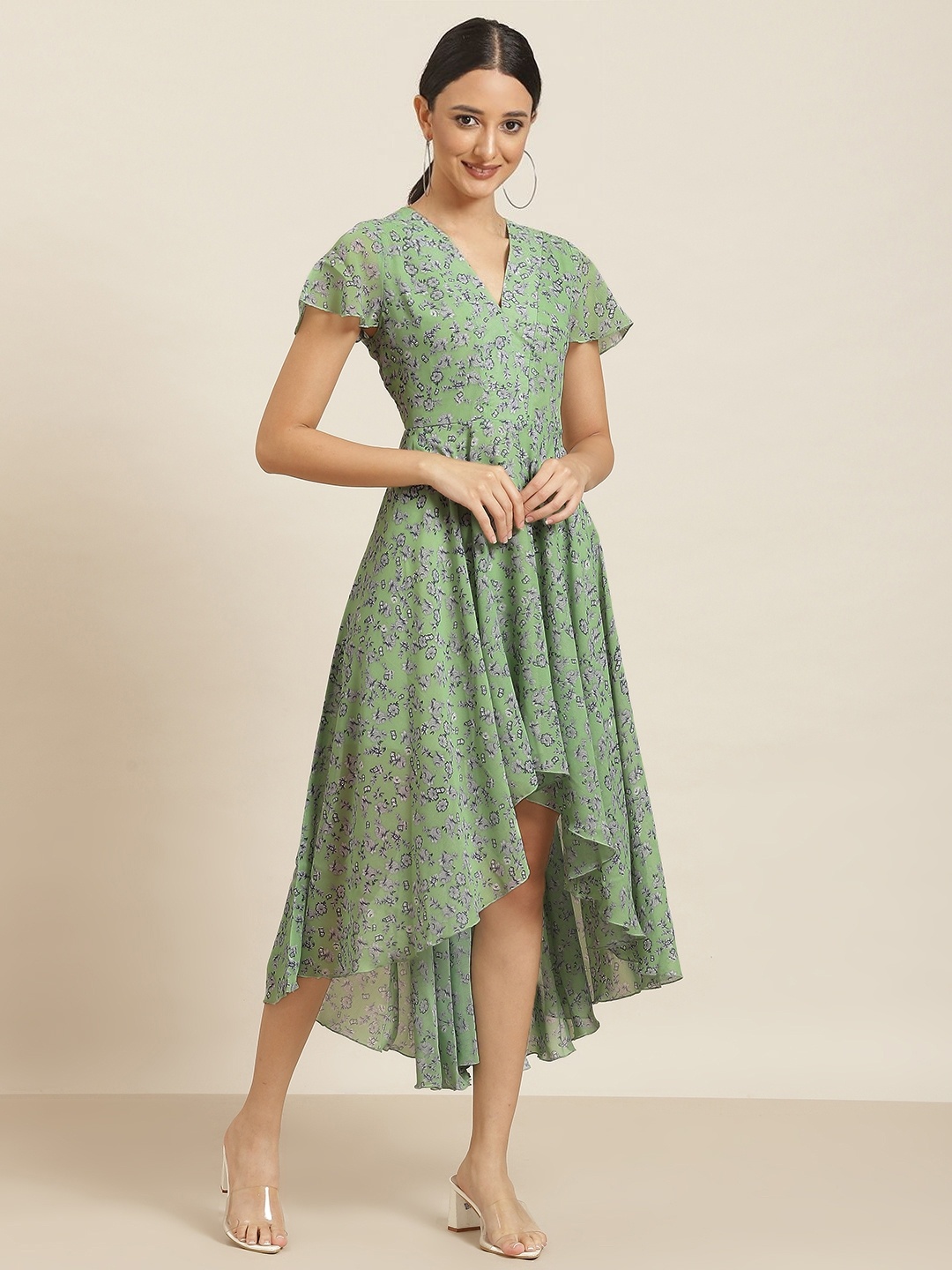 

Qurvii Green & Blue Floral Printed A-Line Dress