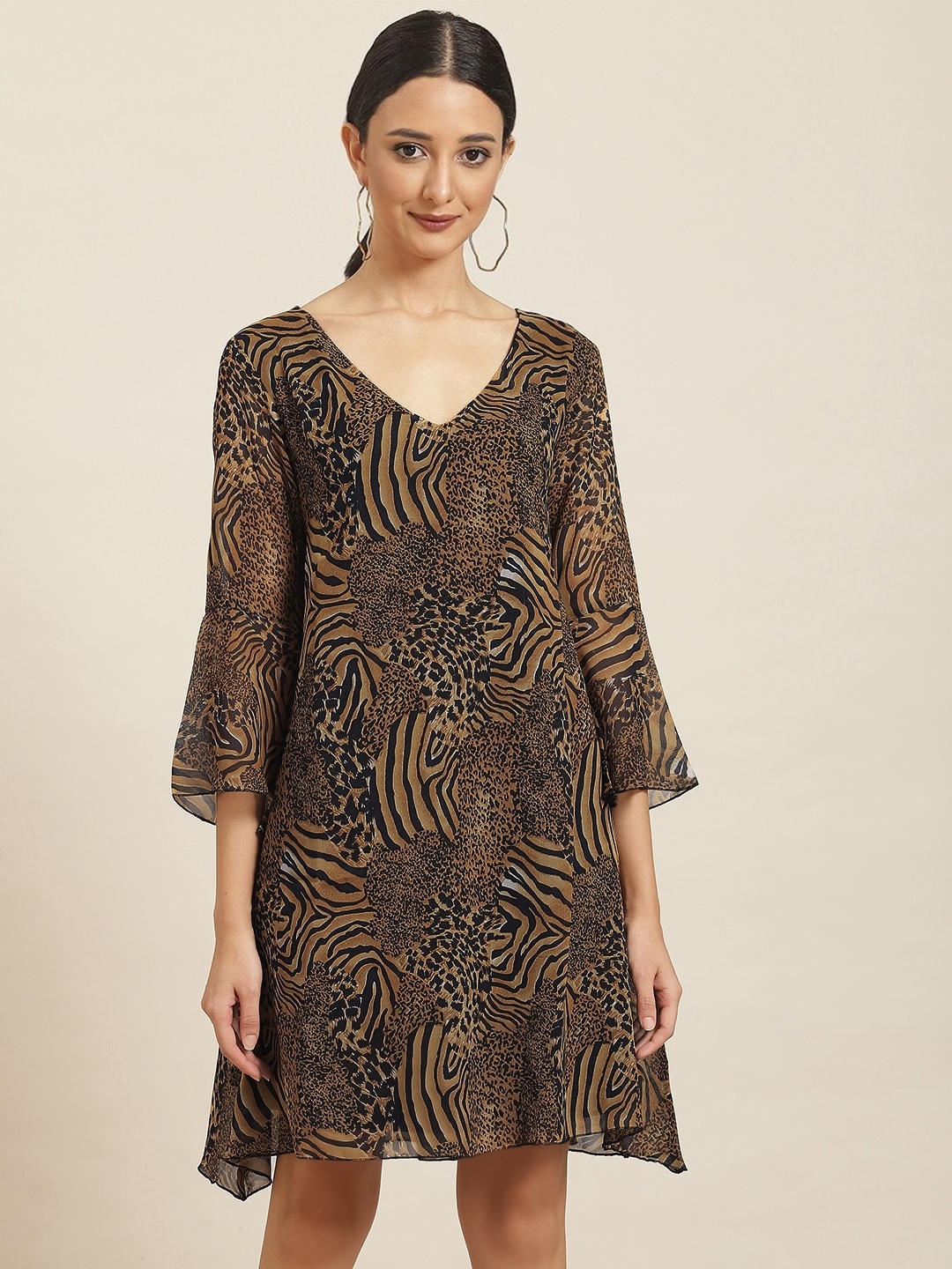

Qurvii Brown & Black Animal Printed A-Line Dress