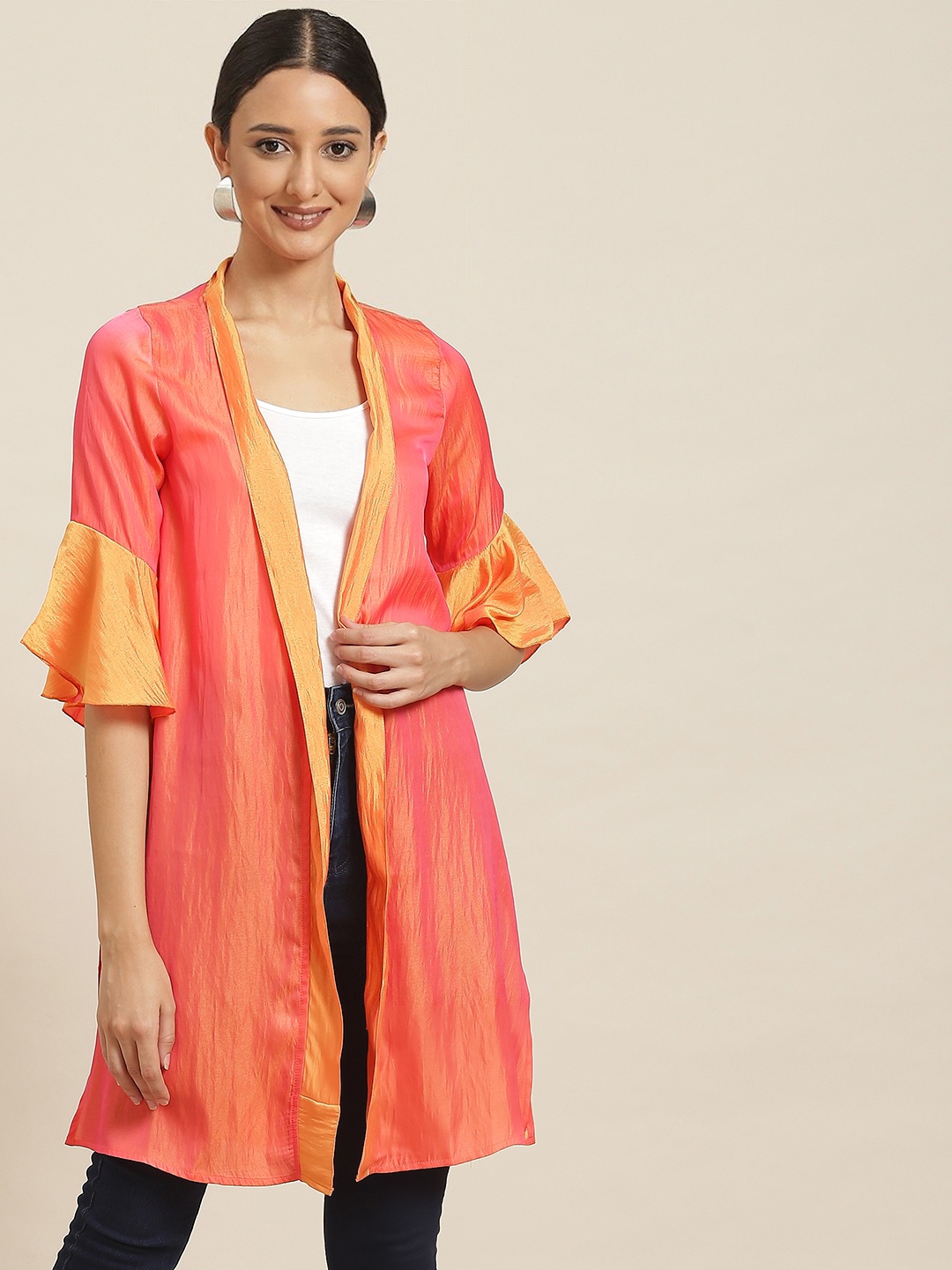 

Qurvii Women Orange & Mustard Colourblocked Shrug