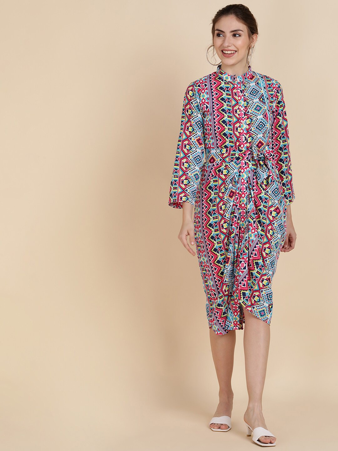 

Sangria Blue & Pink Tribal Crepe Sheath Dress