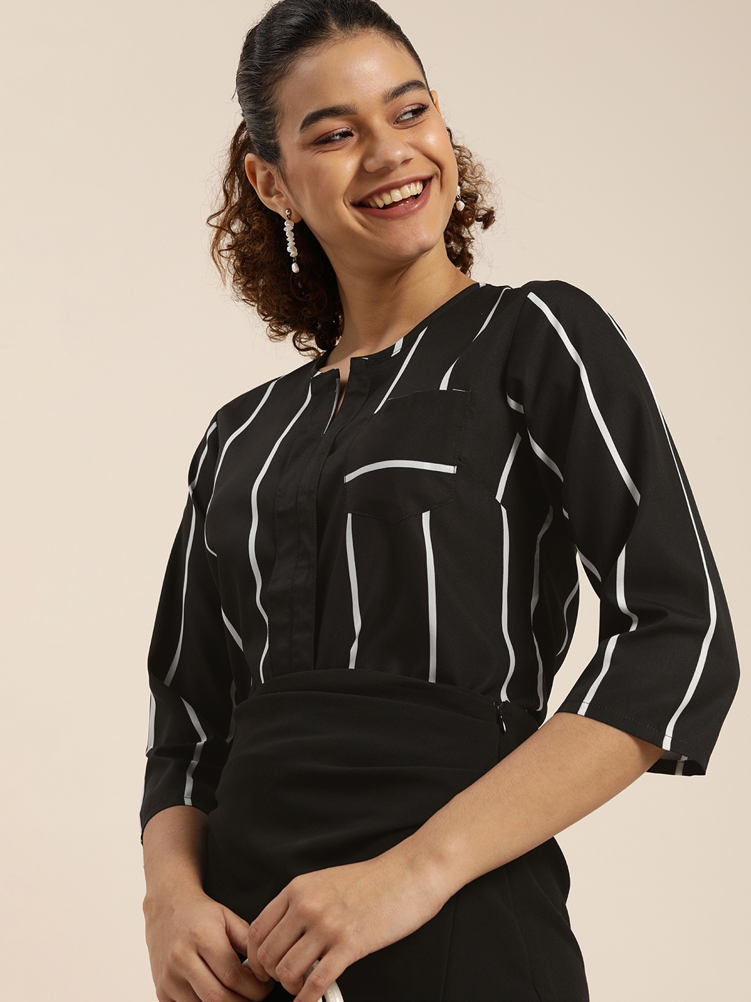 

encore by INVICTUS Black & White Vertical Stripes Pocket Detailing Regular Top