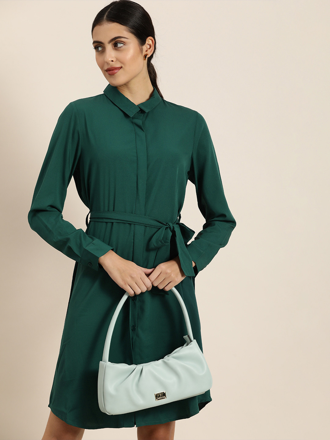 

encore by INVICTUS Solid Shirt Dress With Belt, Green