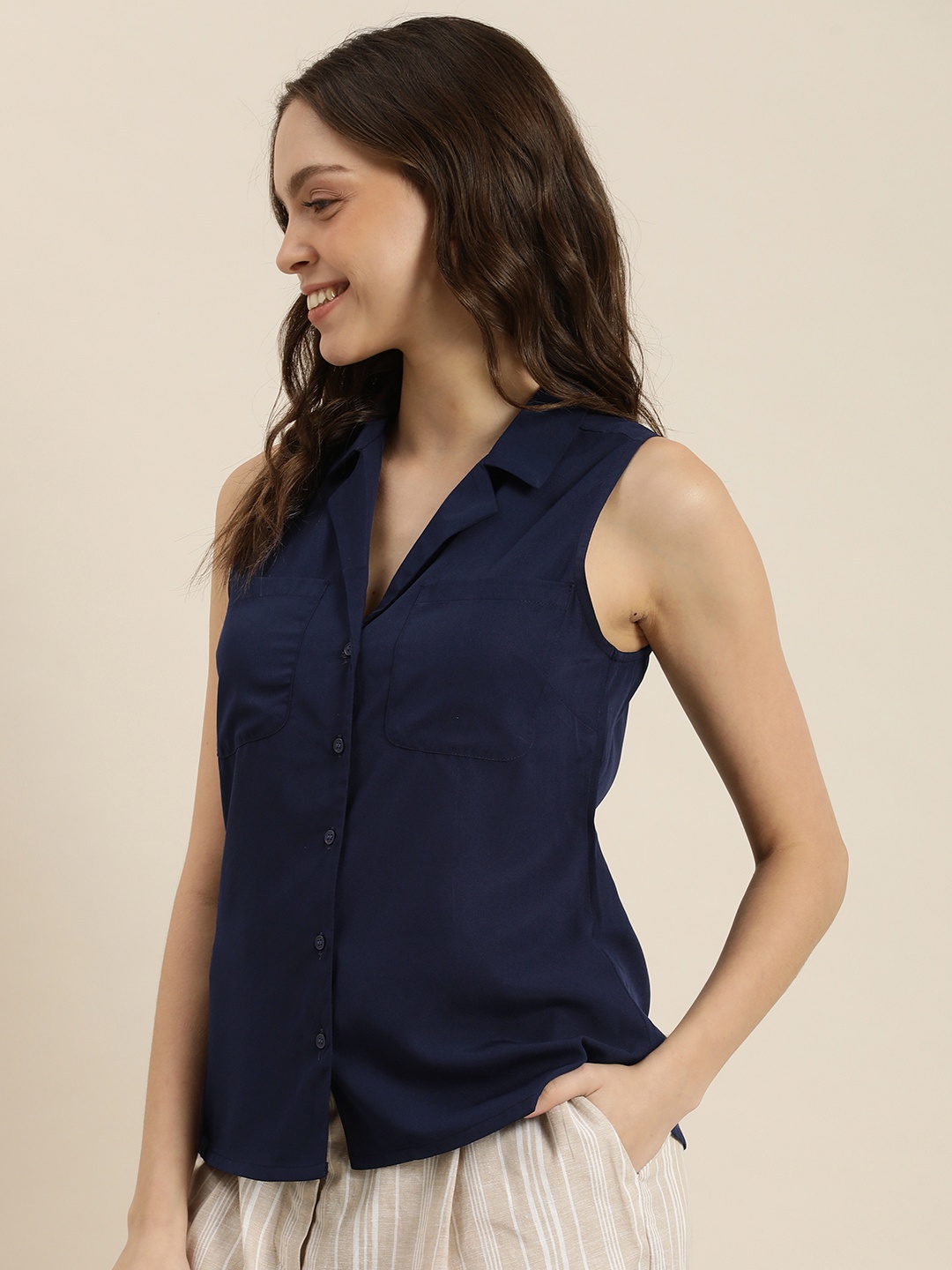 

encore by INVICTUS Women Navy Blue Solid Casual Shirt