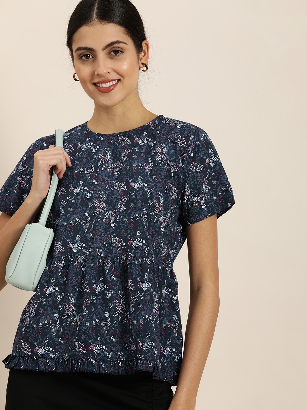 

encore by INVICTUS Women Tropical Print Round neck Peplum Top, Blue