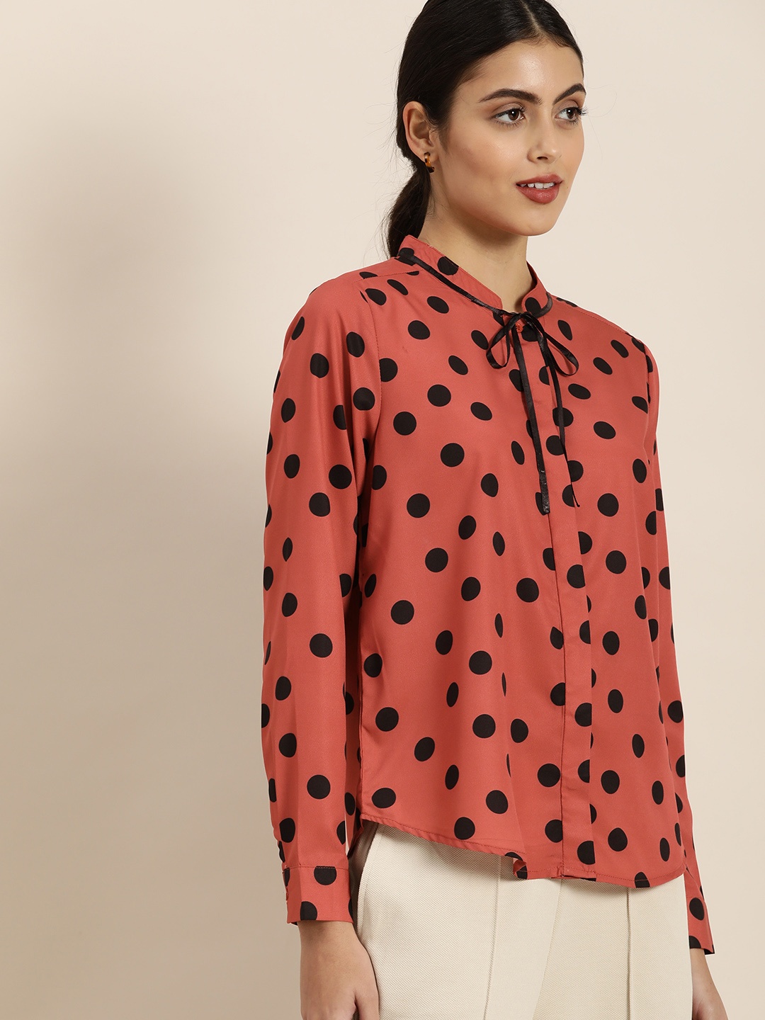 

encore by INVICTUS Women Polka Dots Printed Casual Shirt With Contrast Neck Tie-Ups, Rust