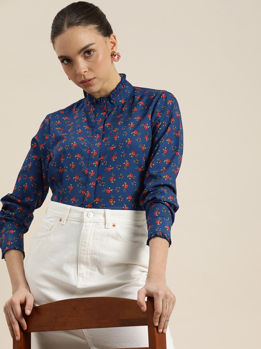 

encore by INVICTUS Women Navy Blue & Red Floral Printed Frills Detail Casual Shirt