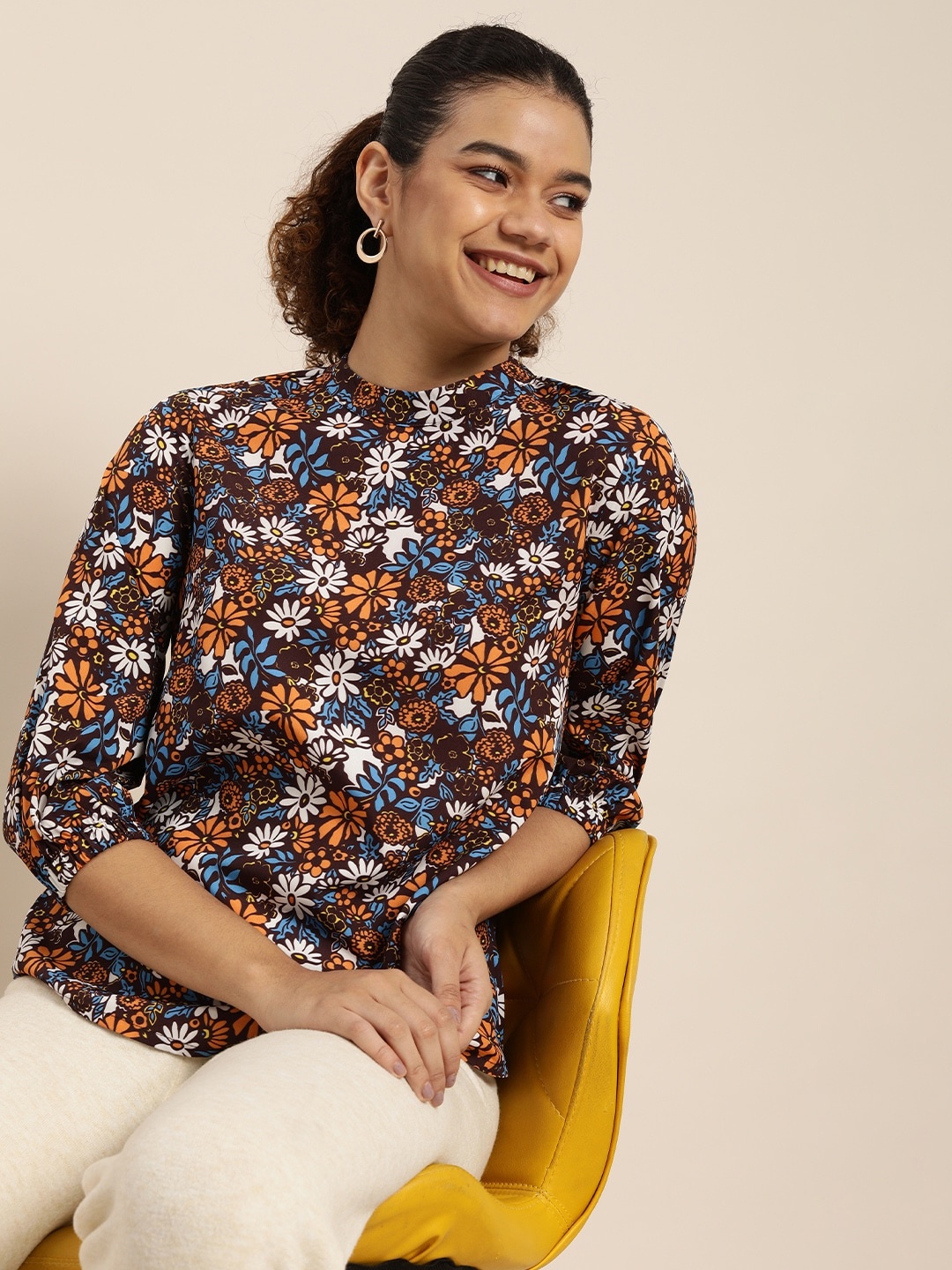 

encore by INVICTUS Brown & Blue Floral Print Choker Neck Bishop Sleeves Regular Top