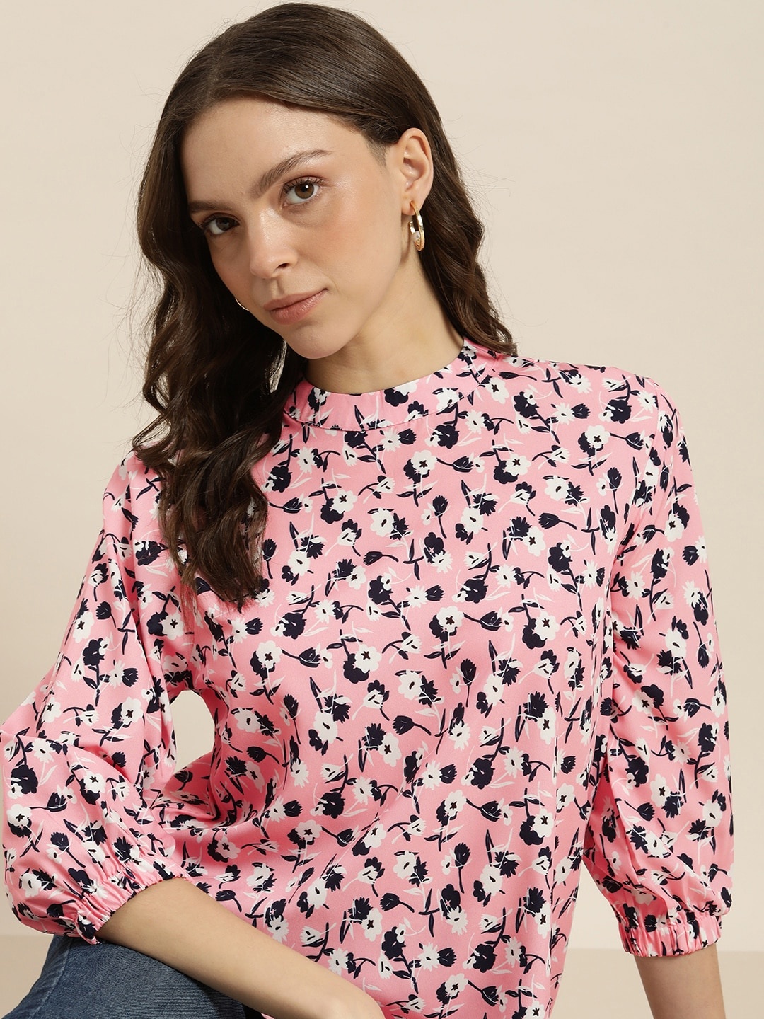 encore by INVICTUS Women Pink & Black Floral Printed Top