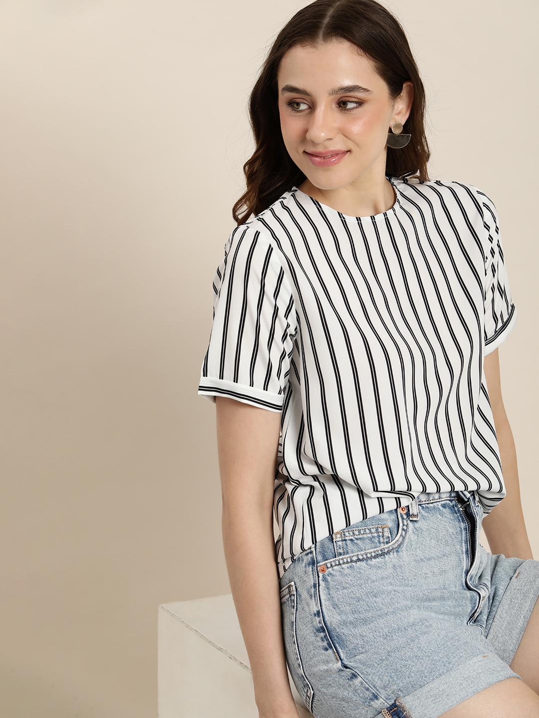 

encore by INVICTUS Striped Roll-Up Sleeves Regular Top, White