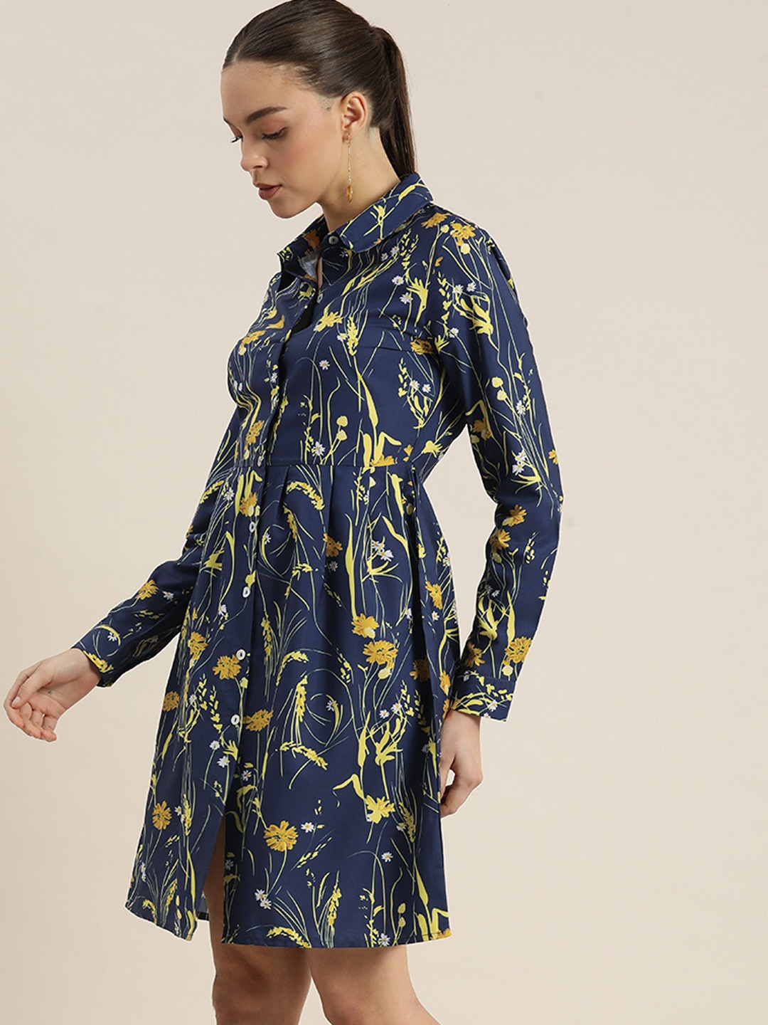 

encore by INVICTUS Blue & Yellow Floral Shirt Dress